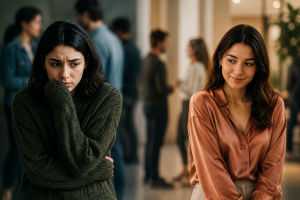 Social anxiety versus shyness, depicting anxious expressions and social discomfort.