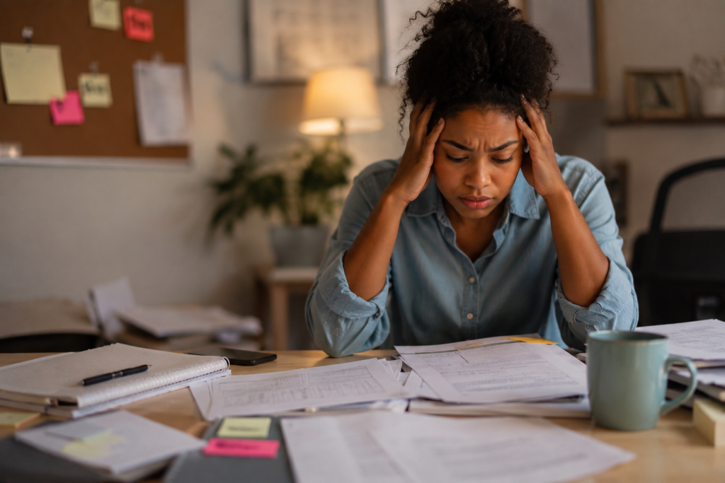Woman looking stressed with papers and desk illustrating ADHD and time management challenges.