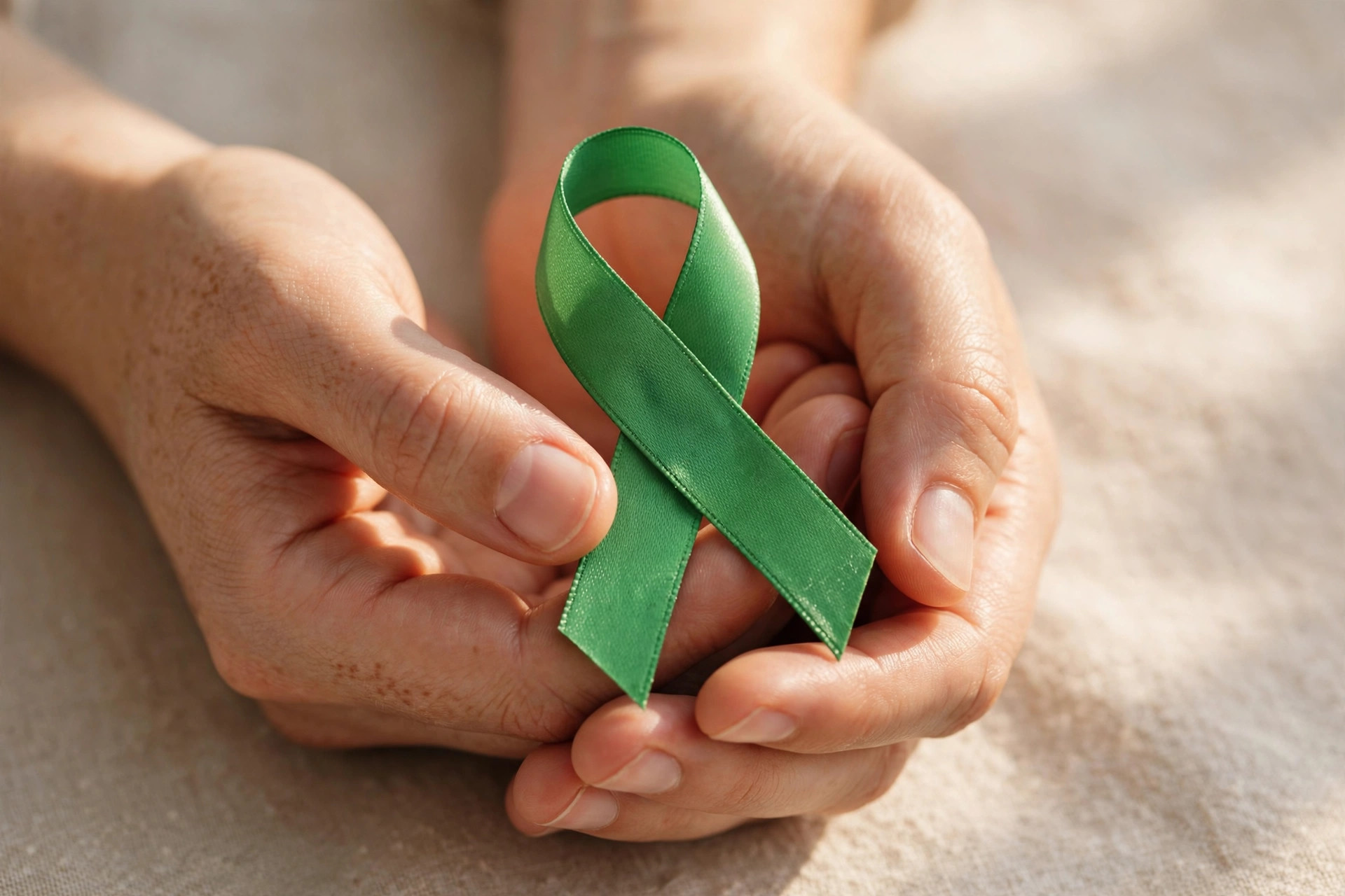 Hands holding a green ribbon, the symbol of mental health awareness