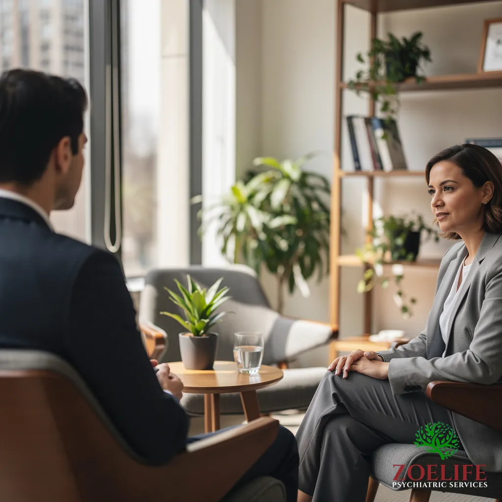 Clinician and patient in a warm conversation during a psychiatric care appointment
