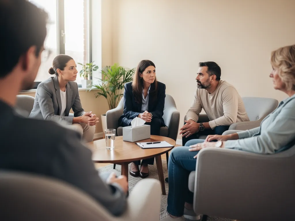 Family and therapist discussing steps to rebuild trust together