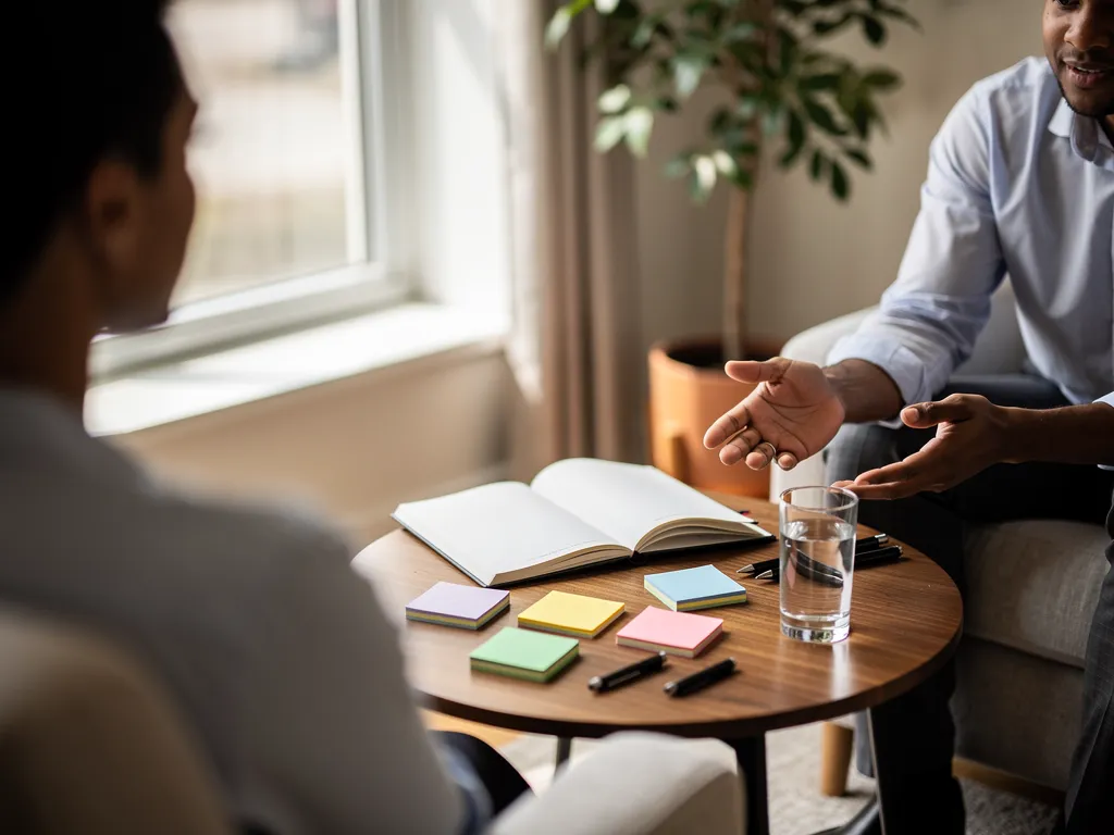 Clinician outlining a step-by-step therapy session plan with a client
