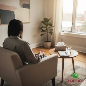 Person reflecting during a divorce counseling session with a therapist