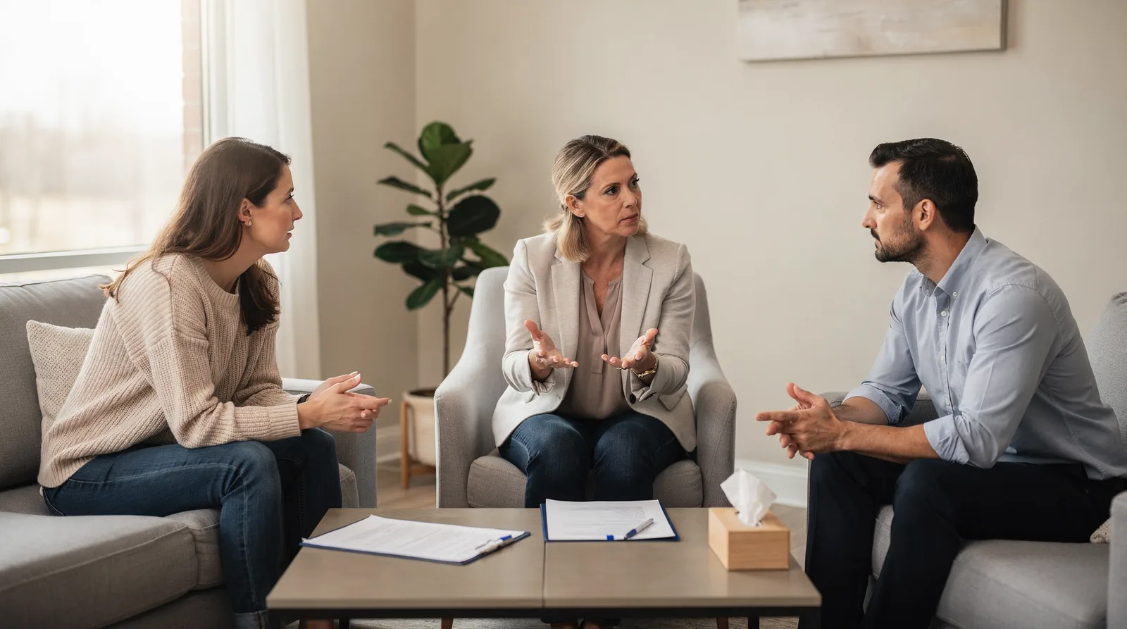 Separated parents working through co-parenting strategies in family therapy